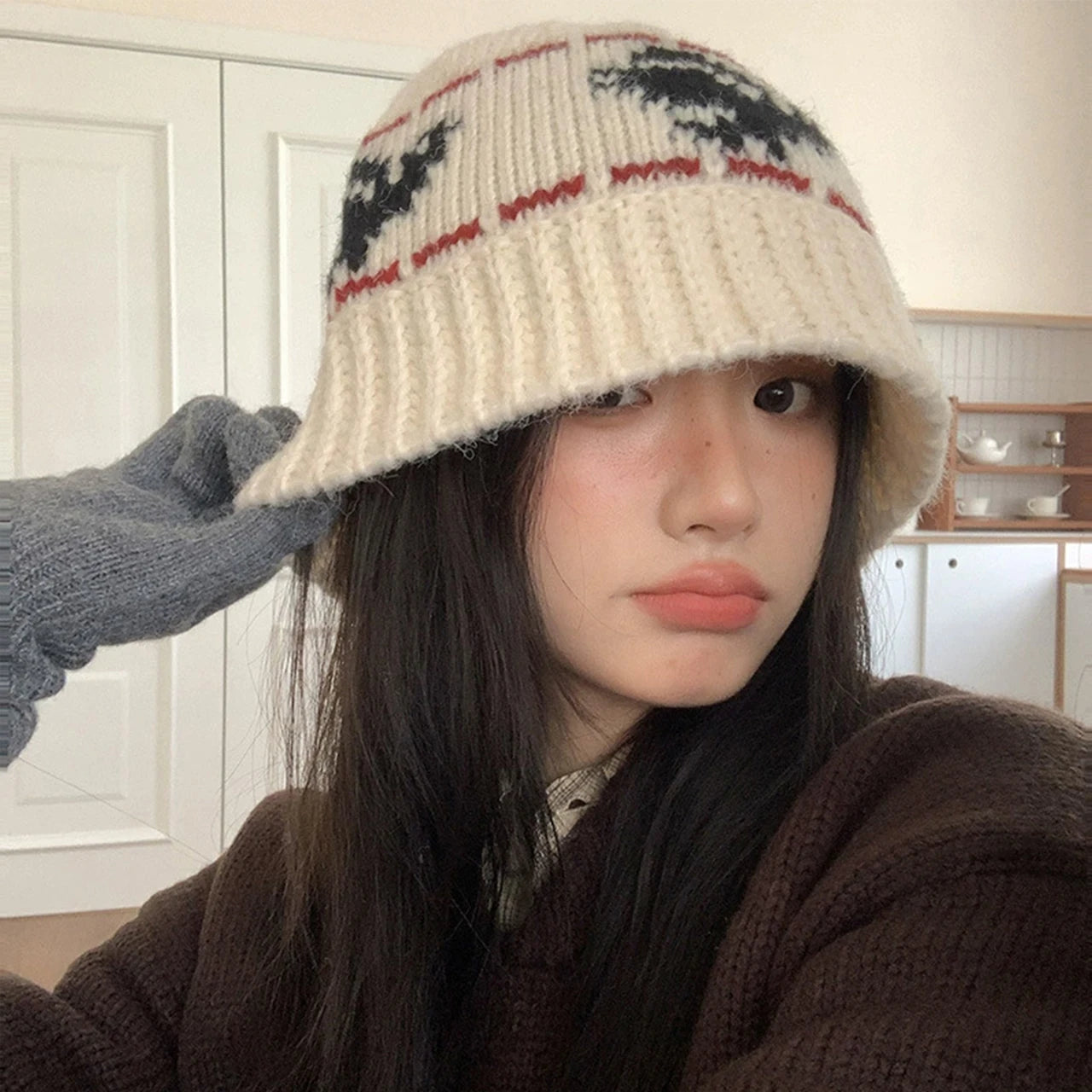 Vintage Jacquard Wool Knitting Hat For Women Autumn Winter
