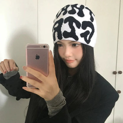 Korean Letter Color Block Knitted Hats Versatile Retro Fashion Casual Beanies