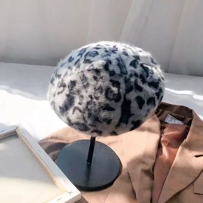 Beret Women Rabbit Fur Spotted Leopard Beret Sherlock Hat