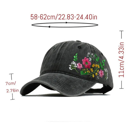 Vintage Flower Embroidery Baseball Cap Washed Cotton Adjustable
