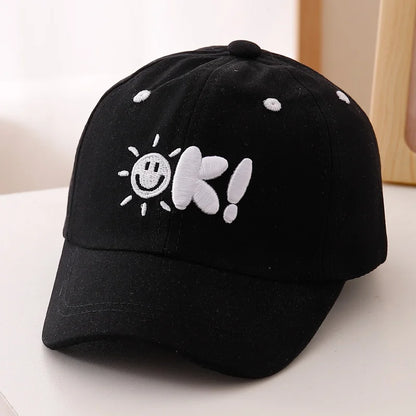 Simple Painting Style Sun Pattern Combined With Three Dimensional OK! Letter Embroidered Baseball Cap