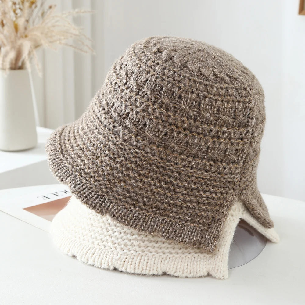 Women Openwork Knitted Bucket Hat Soft Asymmetric Brim Cap