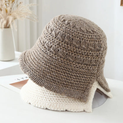 Women Openwork Knitted Bucket Hat Soft Asymmetric Brim Cap
