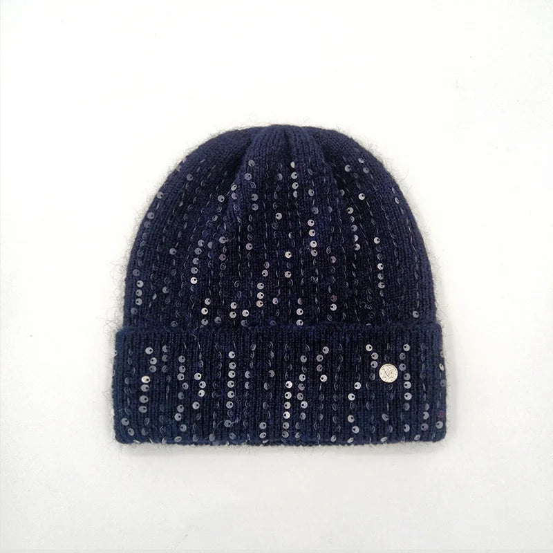 Winter Real Fox Fur Pompom Hats Sequin Skullies Beanie For Women Wool Knitted Hats