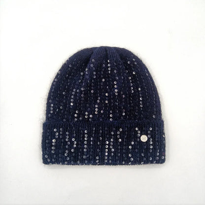 Winter Real Fox Fur Pompom Hats Sequin Skullies Beanie For Women Wool Knitted Hats