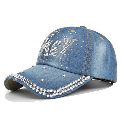 Denim Fabric Cap With Rhinestones Hip-Hop Hat