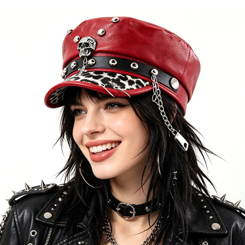 Women's Y2k Trendy Beret Fashion PU Leather Cool Punk Skull Spike Cap