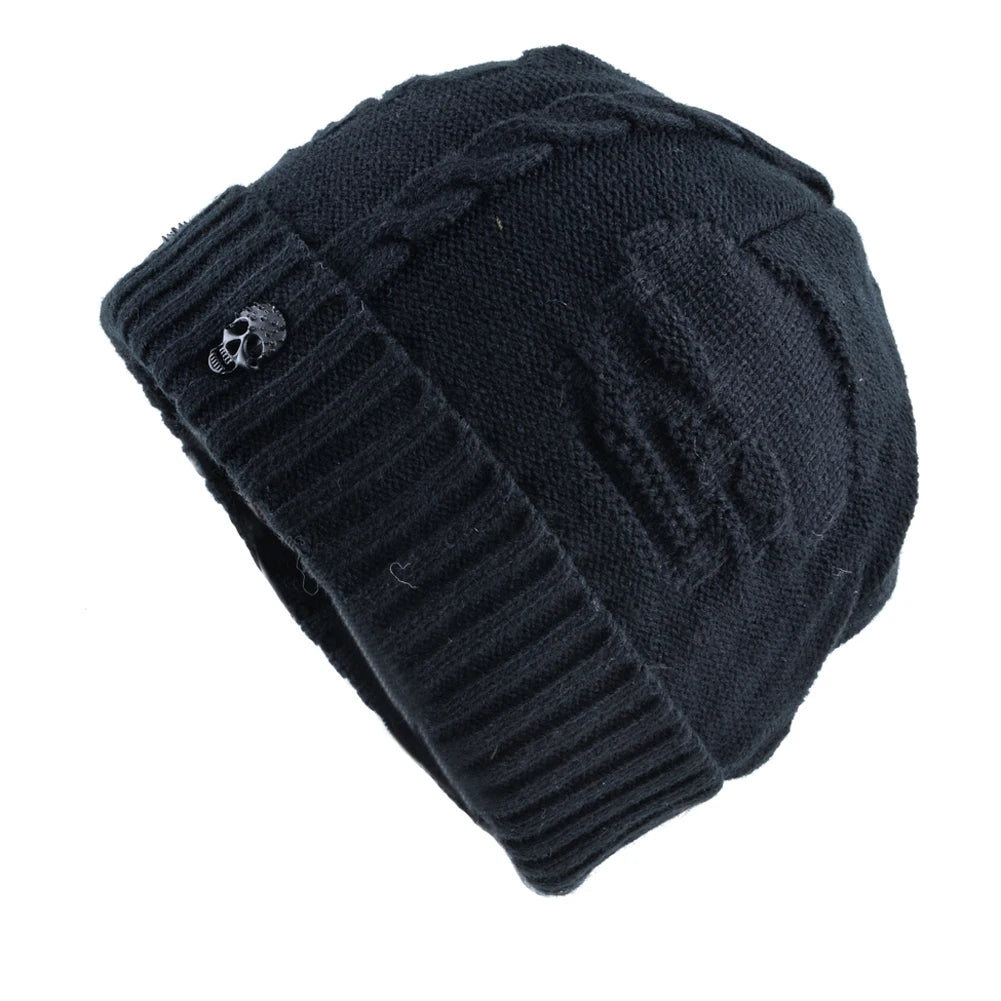 Winter Beanies Men Knitted Skull Pattern Solid Color Hat With Metal Skulls