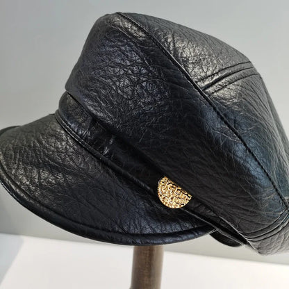 Vintage Pu Leather Octagonal Hat Women's Newsboy Cap Hundred With Outing Fall