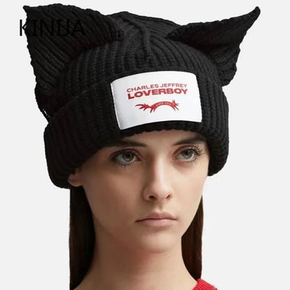 Winter Skullies Hat Unisex Cat Ear Hat Warm Crochet Knitted Hat