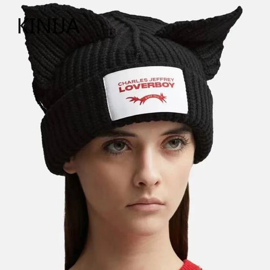 Winter Skullies Hat Unisex Cat Ear Hat Warm Crochet Knitted Hat