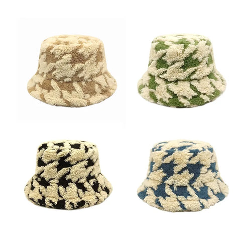 1pc Winter Lamb Wool Striped Bucket Hat