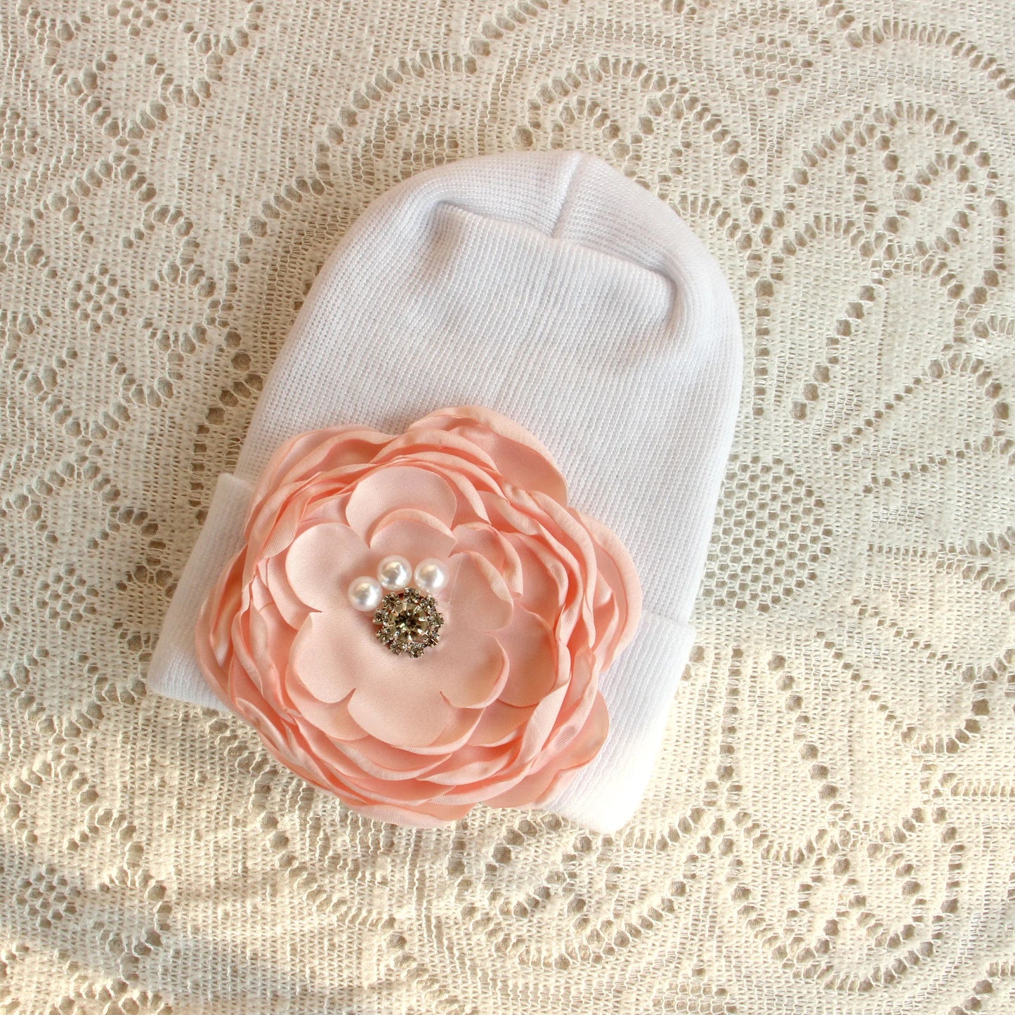 0-6 Months Newborn Knit Baby White Hat Baby Girl Knitted Bonnet Satin Diamond Flower Hat