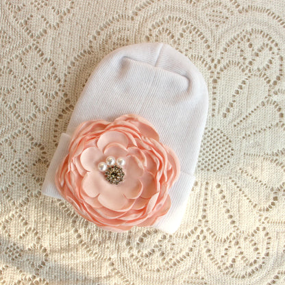 0-6 Months Newborn Knit Baby White Hat Baby Girl Knitted Bonnet Satin Diamond Flower Hat