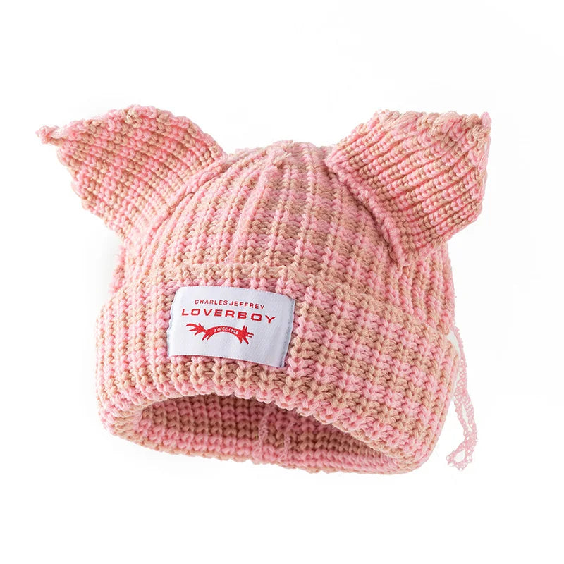 Winter Skullies Hat Unisex Cat Ear Hat Warm Crochet Knitted Hat