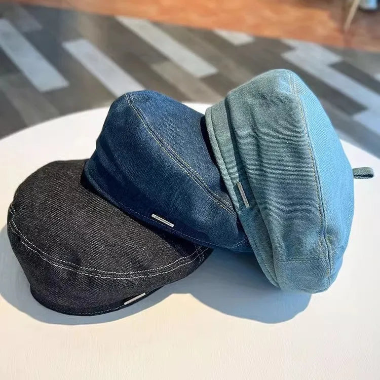 New Denim Beret Hat For Women Vintage Washed Blue Jeans