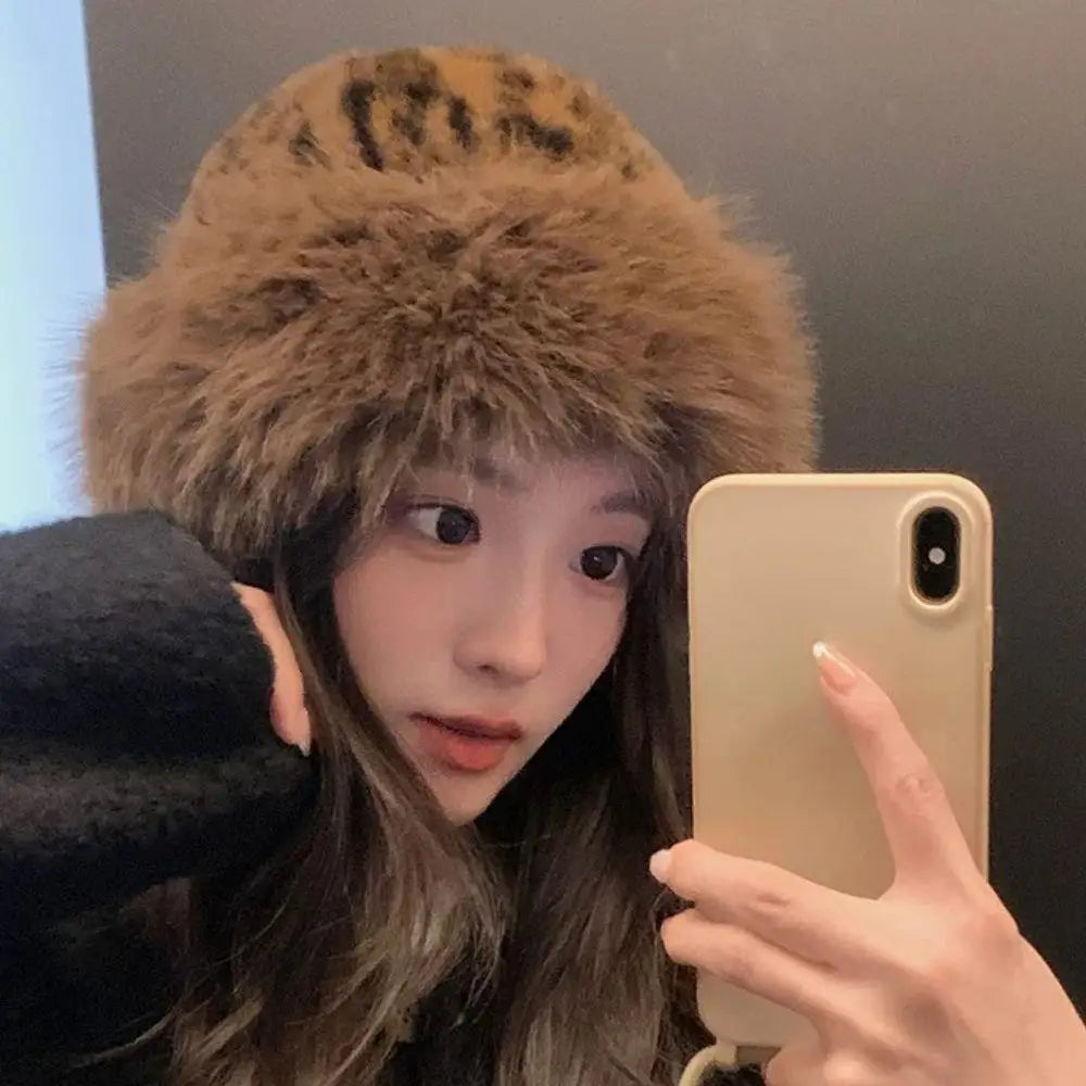Hot Leopard Print Fur Hat Women Windproof Keep Warm Headgear Fur