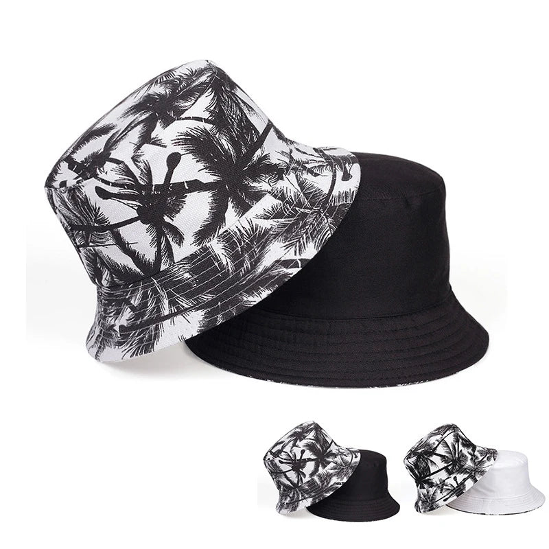 Trendy Printed Coconut Tree Design, Double-Sided Bucket Hats