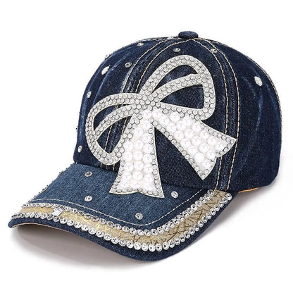Women's Pearl Rhinestone Bow Denim Baseball Cap