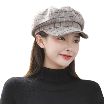 Spring Autumn Plaid Octagonal Hat Women  Retro Beret Newsboy Cap