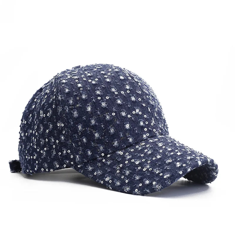 New Fashion Women Sequin Hat Denim Perforated Baseball Cap