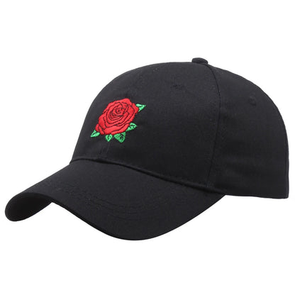 Black Cotton Rose Embroidery Baseball Cap Hip Hop for Men Women
