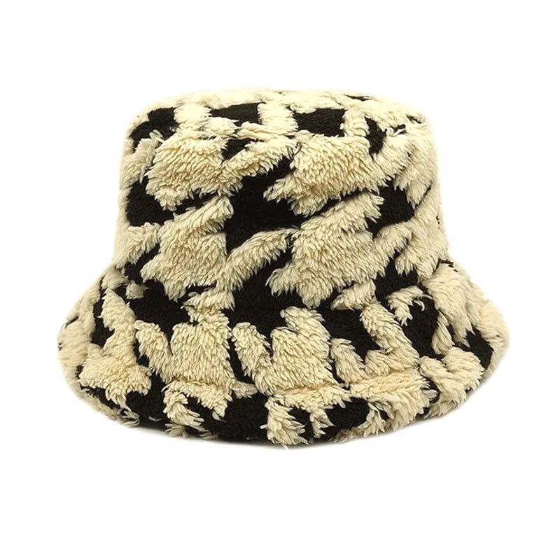 1pc Winter Lamb Wool Striped Bucket Hat