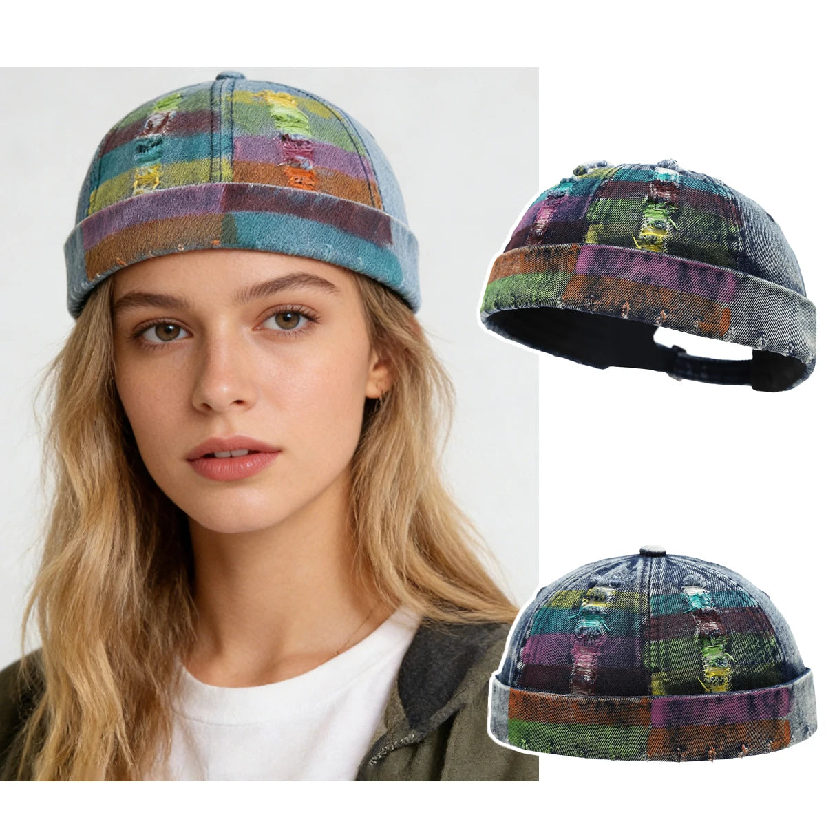 Denim Docker Cap Without Visor Tear Style Hole Brimless Caps