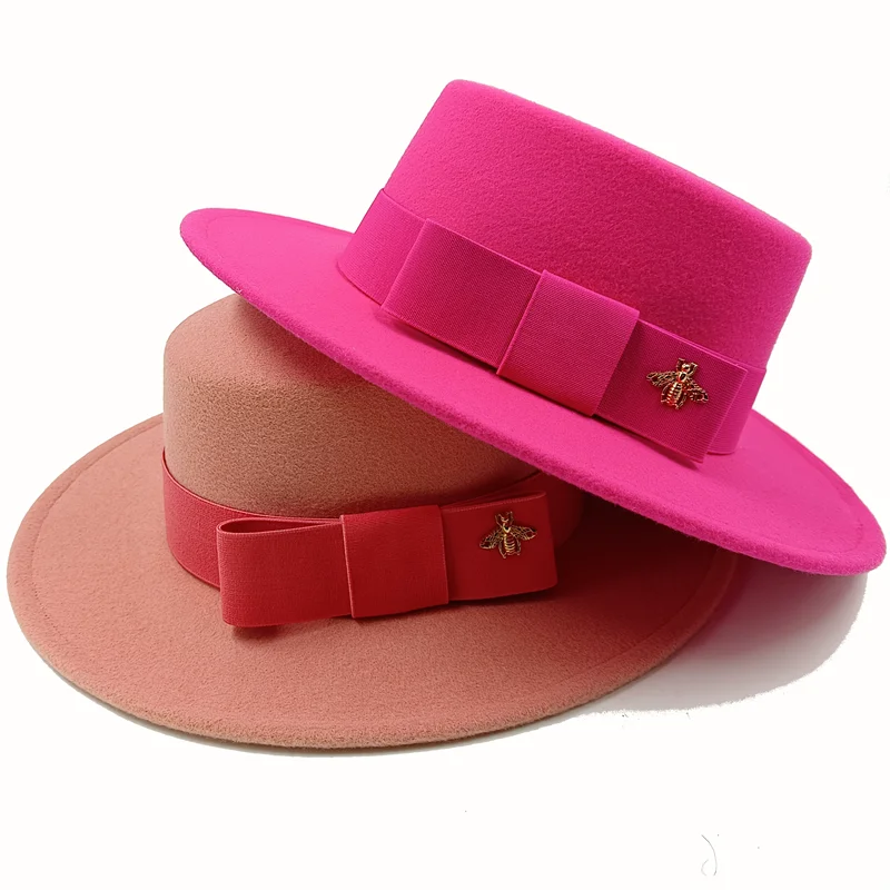 Bow Tie Fedora Hat Winter Round Bumpy Surface Flat Top