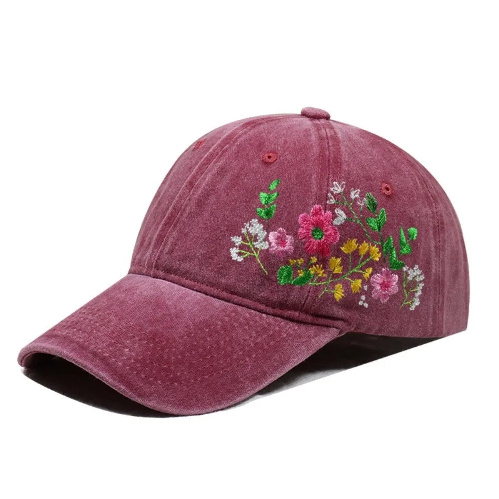 Vintage Flower Embroidery Baseball Cap Washed Cotton Adjustable