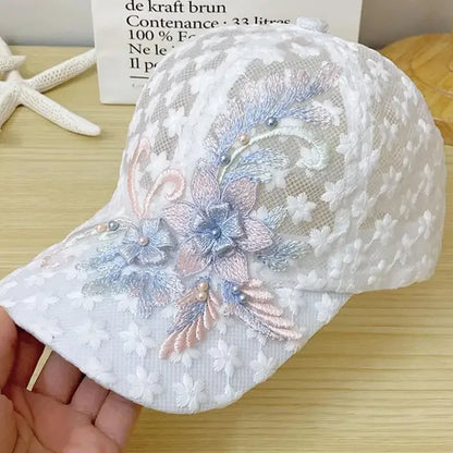 Unisex Lace Flower Embroidery Breathable Baseball Net Caps