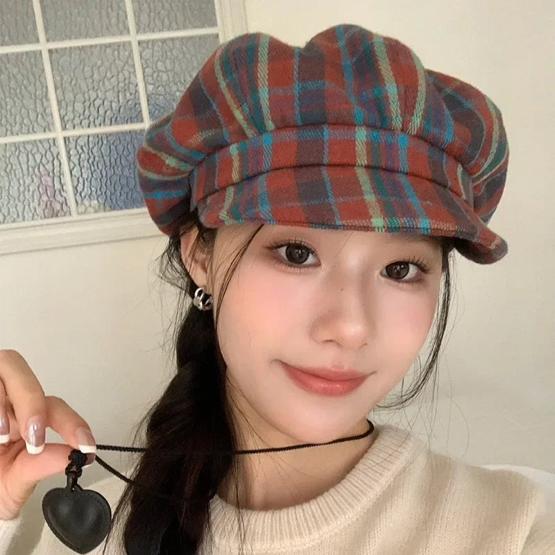2025 Vintage Plaid Newsboy Cap Slimming Face Retro Flat Cap