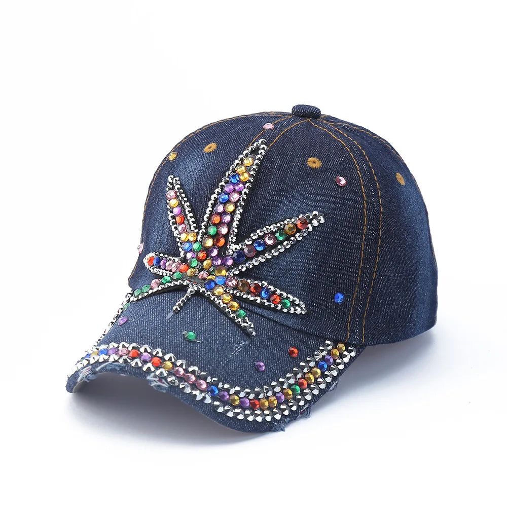 Baseball Cap Denim Distressed Rhinestone Bling Sparkle Hip Hop Hat