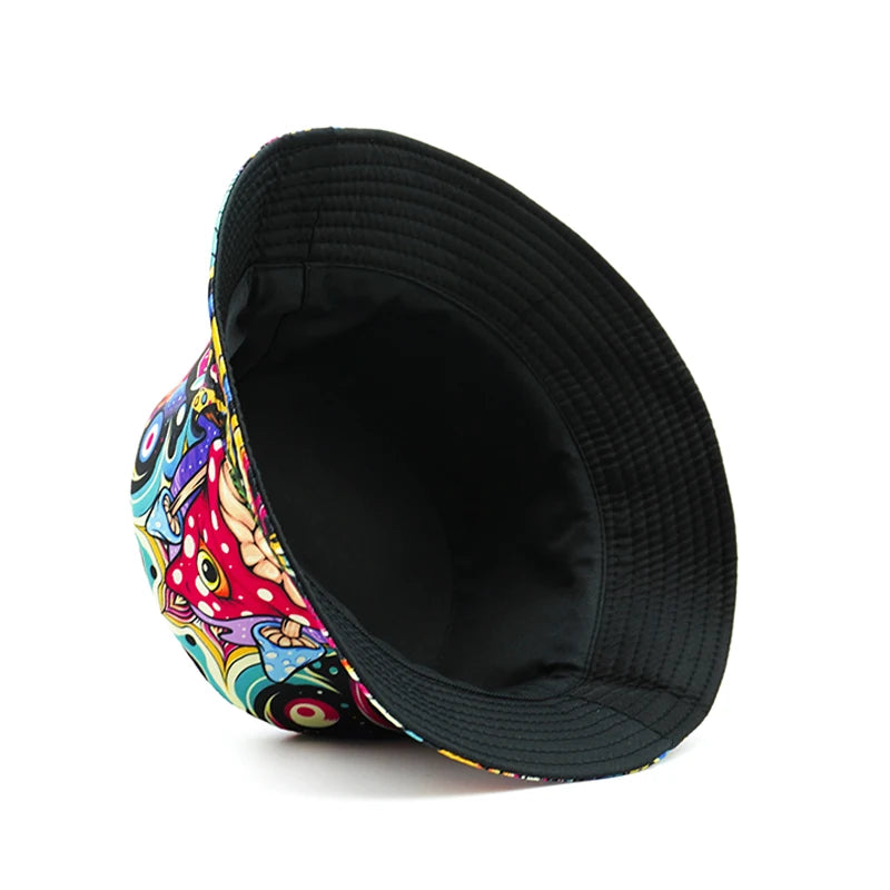 Bucket Hat Cartoon Mushroom Psychedelic Print Pattern Fisherman Hats Double Sides Caps