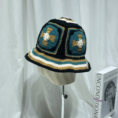 Women Muticolor Crochet Korean Handmade Bucket Hat Women Weaving Knitted Hat Y2k Fashion Flowers Autumn Cap