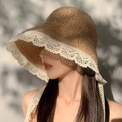 Women's Summer Lace Trim Straw Hat