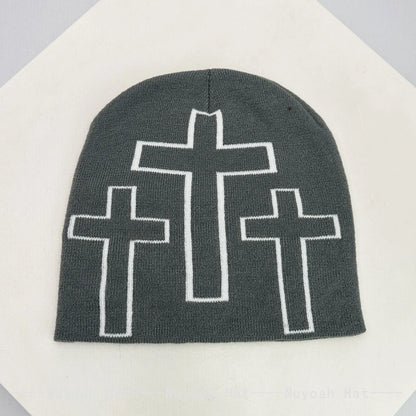 New Men Women Color Block Jacquard Cross Star Knitted Hats