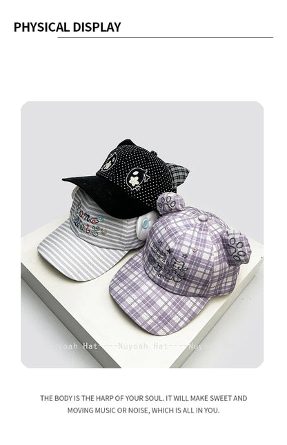 Korean Style Women Cartoon Cat Bear Ears Baseball Cap Plaid Sunshade Wing Versatile Penguin Peaked Cap