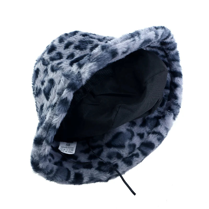 Autumn Winter Leopard Print Bucket Hat Thick Soft Warm Plush Fisherman Hat