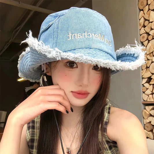 Spring Summer Wide Brimmed Washed Denim Fisherman Hat