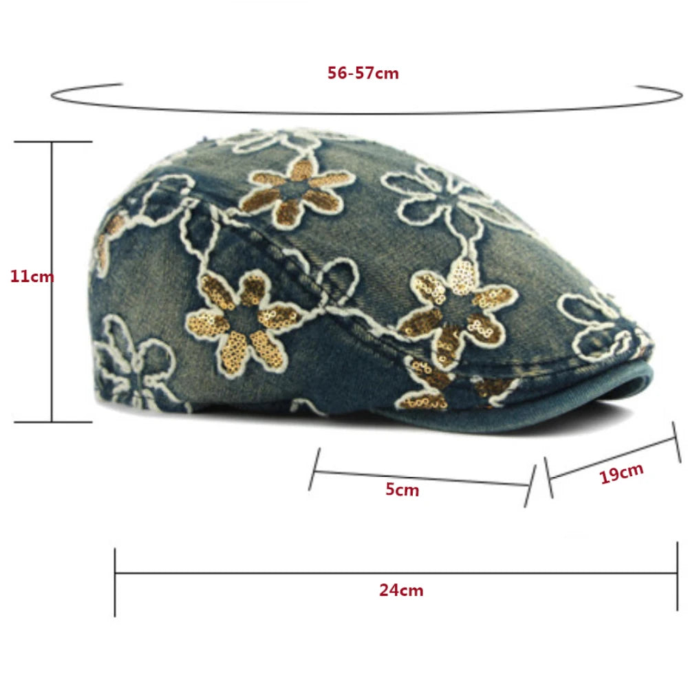 Male Female Cotton Ivy Flat Cap Stylish Sequin Flowers Denim Beret Cap