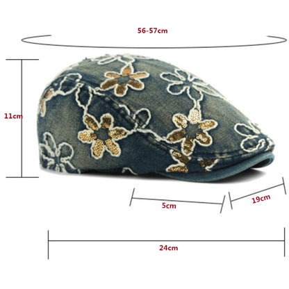 Male Female Cotton Ivy Flat Cap Stylish Sequin Flowers Denim Beret Cap