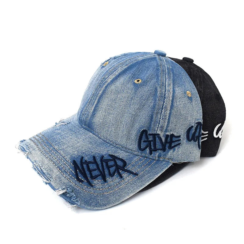 "Never Give Up" Embroidered Denim Baseball Cap