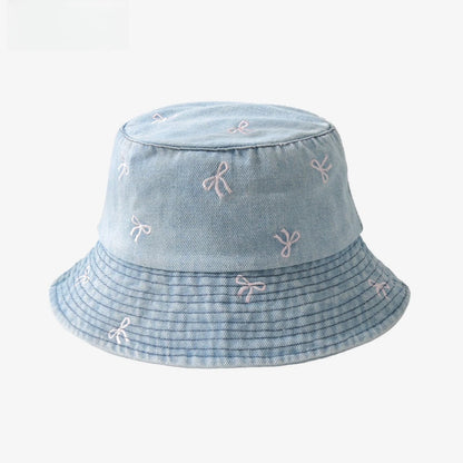 Summer Embroidery Cherry Washed Denim Bucket Hat For Women