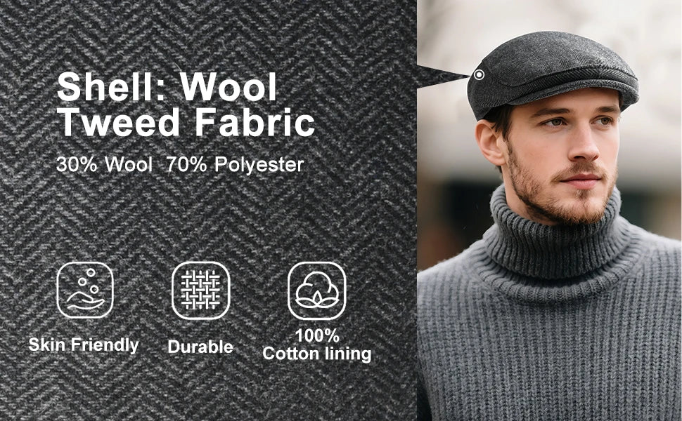 Men's Herringbone Flat Ivy Newsboy Hat Wool Blend Gatsby Cabbie Cap