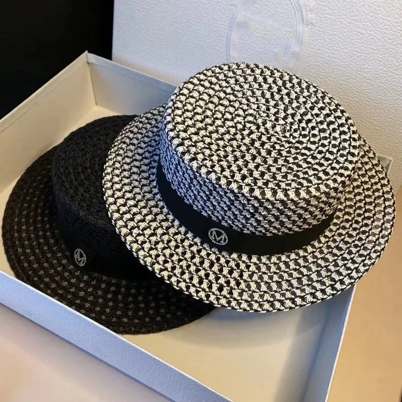 Women's Elegant Houndstooth Sun Hat - Wide Brim UV Protection Beach Hat