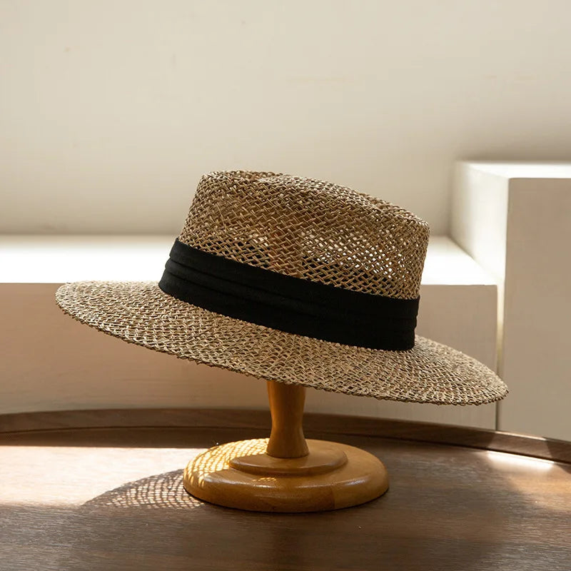 French Ribbon Tie Flat Brim Straw Hat Women
