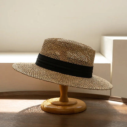 French Ribbon Tie Flat Brim Straw Hat Women