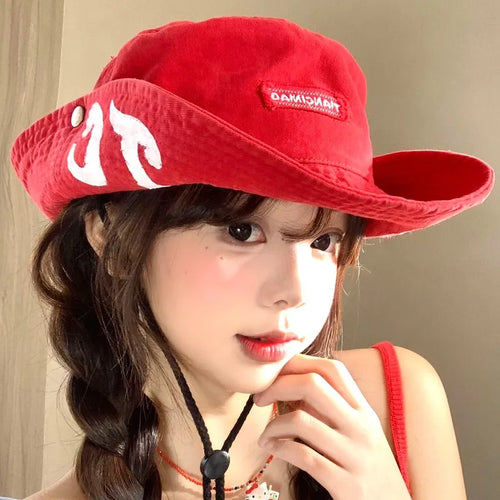 Retro Red Big Brim Letter Printed Bucket Hats