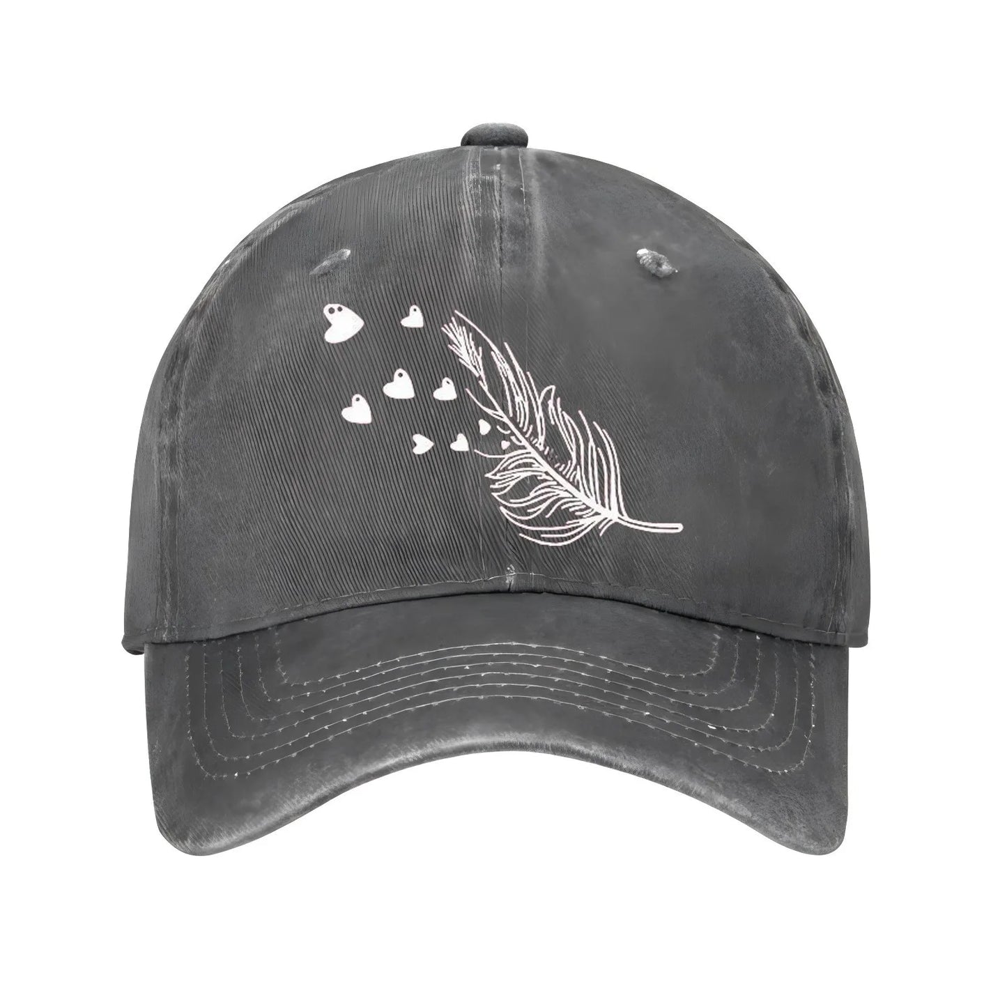 Feather And Hearts Print Distressed Baseball Cap